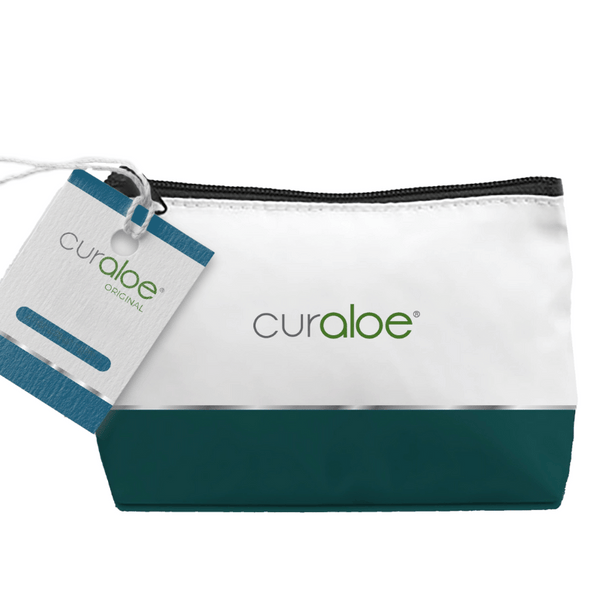 Curaloe branded cosmetic bag in small and large sizes, highlighting the choice for every need, from everyday use to travel.