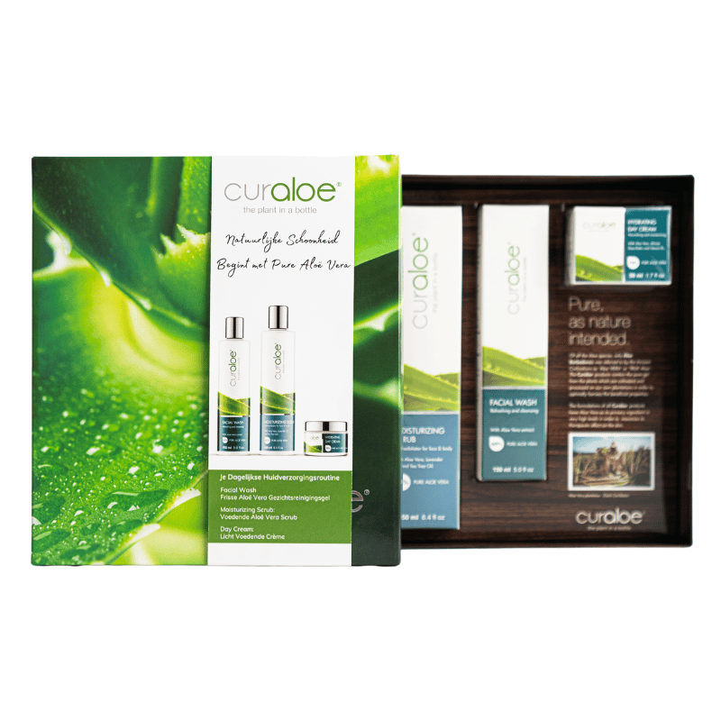 Curaloe gift box with branding symbolizing the purity of Aloe Vera